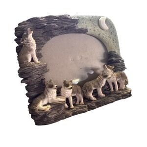 Wolf Pack Howling at Moon 3D Sculpted Resin Picture Frame Rustic Cabin Decor